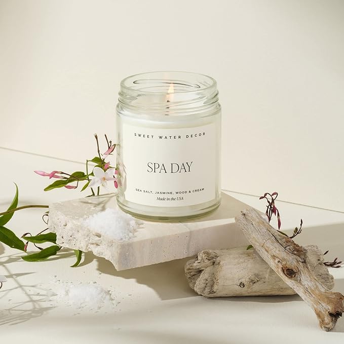 Sweet Water Decor Spa Day Soy Candle - Sea Salt, Jasmine, Wood and Cream Scented Spring Candles for Home - 9oz Clear Jar + Gold Lid, 40+ Hour Burn Time, Made in The USA - Bloomnest