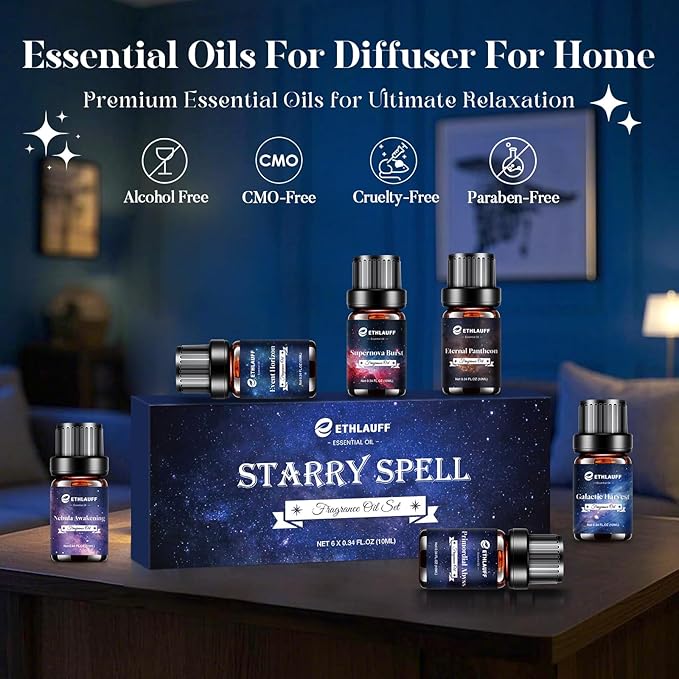 Essential Oil Blends, Starry Spell Essential Oil Set for Diffusers for Home, Humidifiers, Candle Making, Magical Aromatherapy Blends - Stress Relief, Calm Mind, Relax, Meditate, 6x10ml - Bloomnest