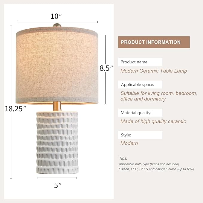 PORTRES 18.25" Modern Accent Ceramic Table Lamp Set of 2 for Bedroom White Desk Decor Bedside Lamps for Living Room Study Room Office Dorm Farmhouse Nightstand Lamp End Table Lamps - Bloomnest