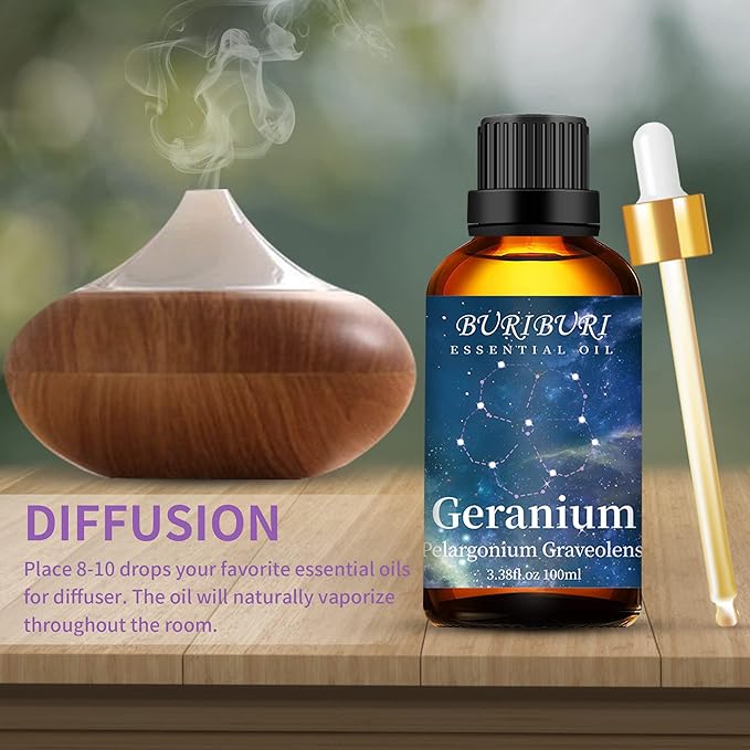 BURIBURI 100ML Geranium Essential Oil, 100% Pure Undiluted Aromatherapy Geranium Oil 3.38fl.oz for Soap, Candle Making, Massage, Diffuser, Humidifier BURIBURI