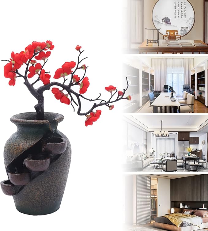 Tabletop Fountains Indoor Water Fountains Flower Vase Fountain with Water Flow & Artificial Bouquet, Mini Tabletop Waterfall Fountain, Desktop Fountain for Office (Style 12) - Bloomnest