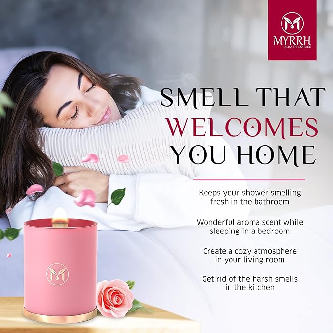 MyrrhUSA Rose Scented Candle – 15 oz Natural Soy Wax with Crackling Wooden Wick & Essential Oils | 80 Hour Burn | Luxury Aromatherapy Candle for Relaxation, Home Décor, Living Room & Bathroom - Bloomnest