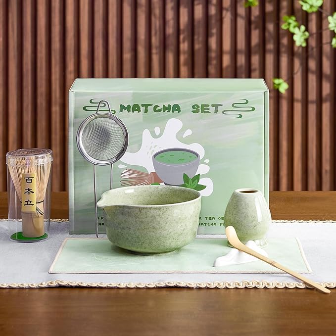 7Pcs Matcha Whisk Set - Matcha Bowl with Spout, Bamboo Whisk (Chasen), Holder, Stainless Sifter, Tea Scoop, Tea Towel, Scoop Rest. Full Japanese Ceremony Matcha Kit, Perfect Gift for Tea Fans (Green) - Bloomnest