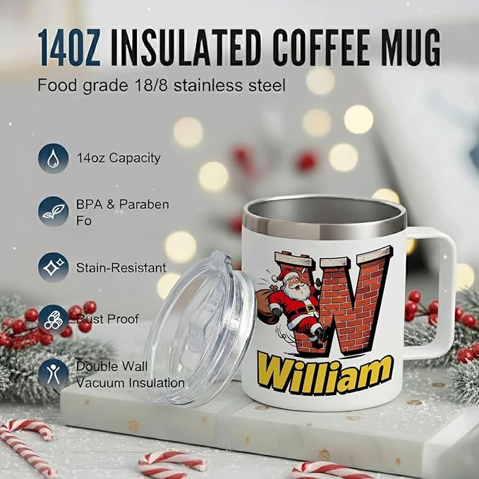 JugJug Personalized Christmas Mug with Initial & Name - Funny Santa Climbing Chimney 12oz Insulated Coffee Cup with Lid - Xmas Gifts for Kids, Boys (B157) - Bloomnest