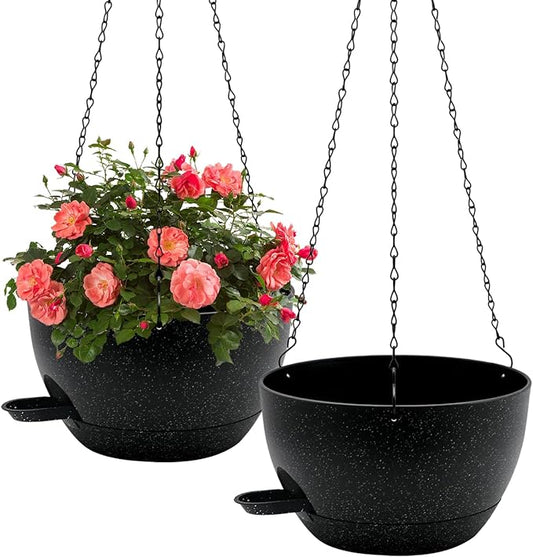 WOUSIWER Self Watering Hanging Planters, 2 Pack 10'' Plastic Pots with Drainage Holes & Reservoir Tray (Speckled Black) | Indoor & Outdoor Use for Ferns, Ivy, Herbs, Succulents - Bloomnest