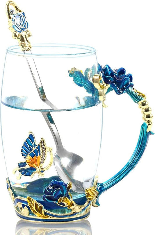 330ML Enamel Tea Cup Glass Coffee Mug Handmade Rose Flower Tea Mug for Father's Day,Mother's Day,Valentine’s Day, Birthday, Christmas Gift with Stainless Steel Spoon Set