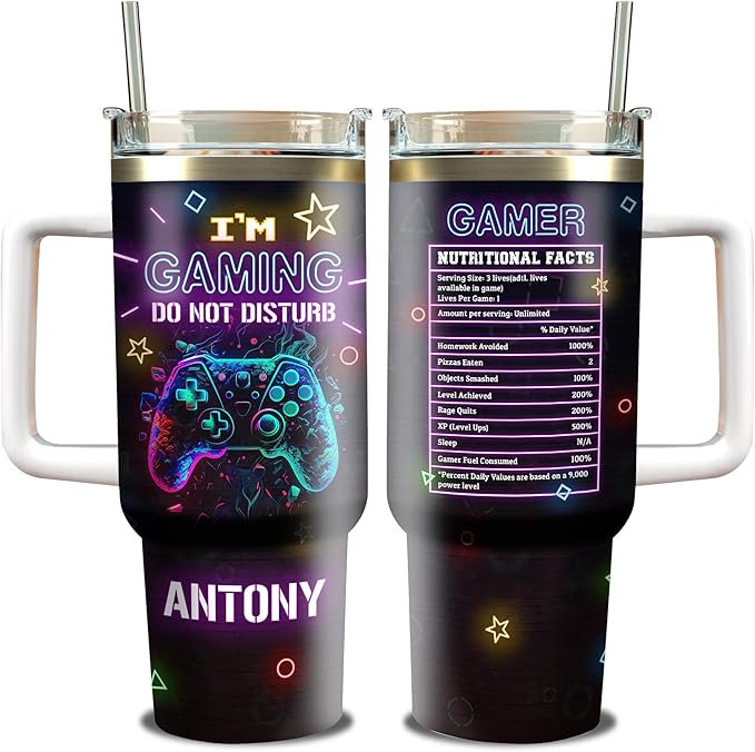 WAZONE Personalized Gamer Tumbler Nutrition Facts Customized Gaming Tumbler 40oz with Handle and Straw Insulated Travel Mugs Birthday Christmas Gifts for Video Game Lovers Pro Gamers Men Women - Bloomnest