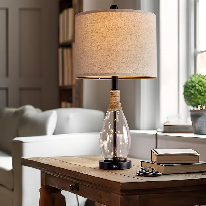 OYEARS 23" USB A+C Table Lamp for Bedroom Living Room Modern Bedside Lamps Retro Farmhouse Rattan Glass Nightstand Nightlight Lamps (Black),Two Light Points - Bloomnest