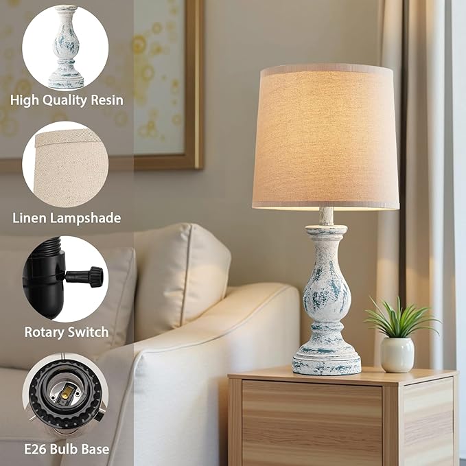 Seealle Farmhouse Table Lamps Set of 2 - Rustic Lamp for Bedroom Living Room, 22" Boho Bedside Lamps for Night Stands End Table Office Desk Lamp Nightstand Clearance with Linen Shades(Washed Blue) - Bloomnest