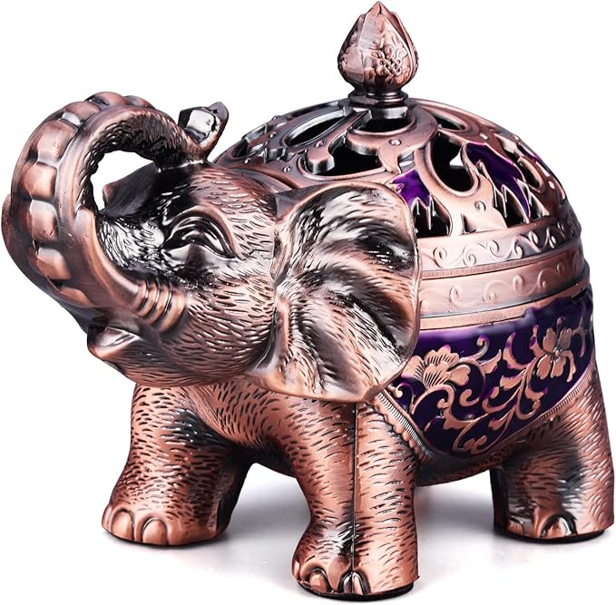 K COOL Metal Backflow Incense Holder Elephant Cone Incense Burner Candle Holder with Lid, Aromatherapy Ornament Home Office Decoration for Indoor Outdoor (Purple) - Bloomnest