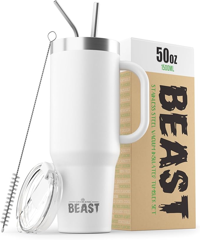 Beast 50 oz Tumbler Stainless Steel Vacuum Insulated Coffee Ice Cup Double Wall Travel Flask (Arctic White) - Bloomnest