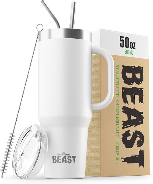 Beast 50 oz Tumbler Stainless Steel Vacuum Insulated Coffee Ice Cup Double Wall Travel Flask (Arctic White) - Bloomnest