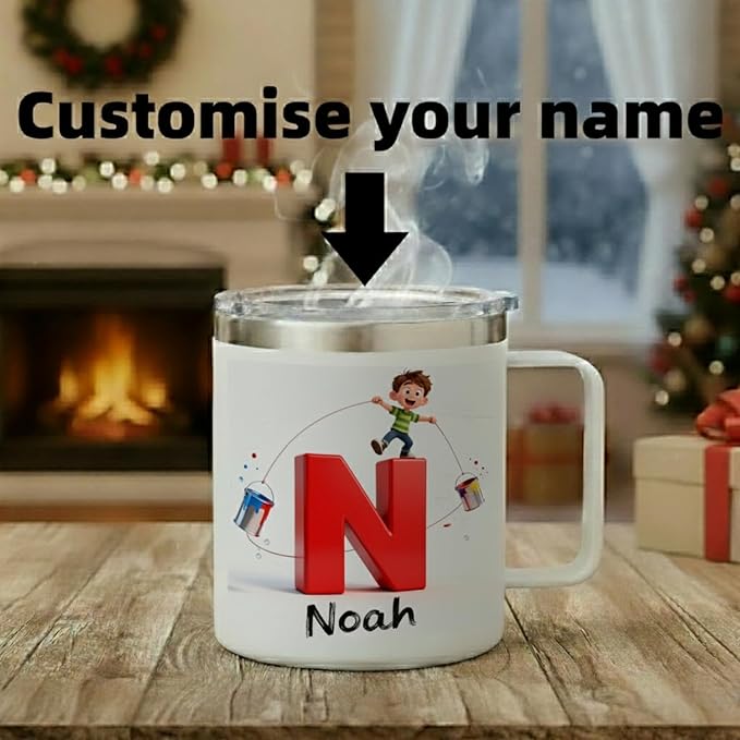 Personalized Kids Mug for Boys with Custom Name, Fun Paint Splash Initial Cup - 14oz Insulated Stainless Steel Tumbler with Handle & Lid, Creative Christmas Stocking Stuffer & Birthday Gift (B67) - Bloomnest