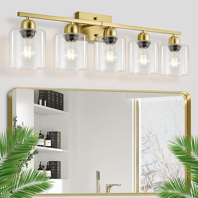 Modern Brushed Gold 5 Light Bathroom Vanity Light,31 inch Vanity Lights for Bathroom with Clear Glass for Mirror Kitchen Living Room Hallway Cabinet Porch - Bloomnest