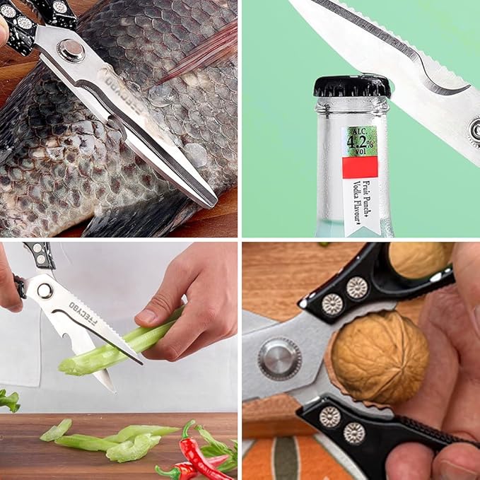 Heavy Duty Food Shears, Multi-Purpose Kitchen Scissors with Sharp Blades, 2-Pack Stainless Steel Food Shears for Kitchen, Poultry, Meat, Fish,Bone (Black) - Bloomnest