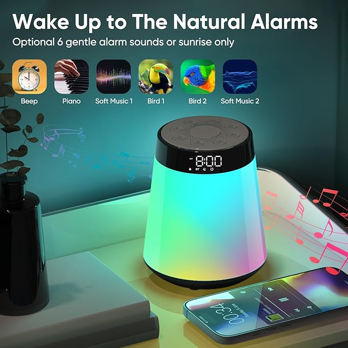 Sunrise Alarm Clock with Wake Up Light & White Noise Machine - 21 Soothing Sounds, 12 Color Dimmable Night Lights, Bluetooth Speaker, Digital Clock for Heavy Sleepers Adults/Kids