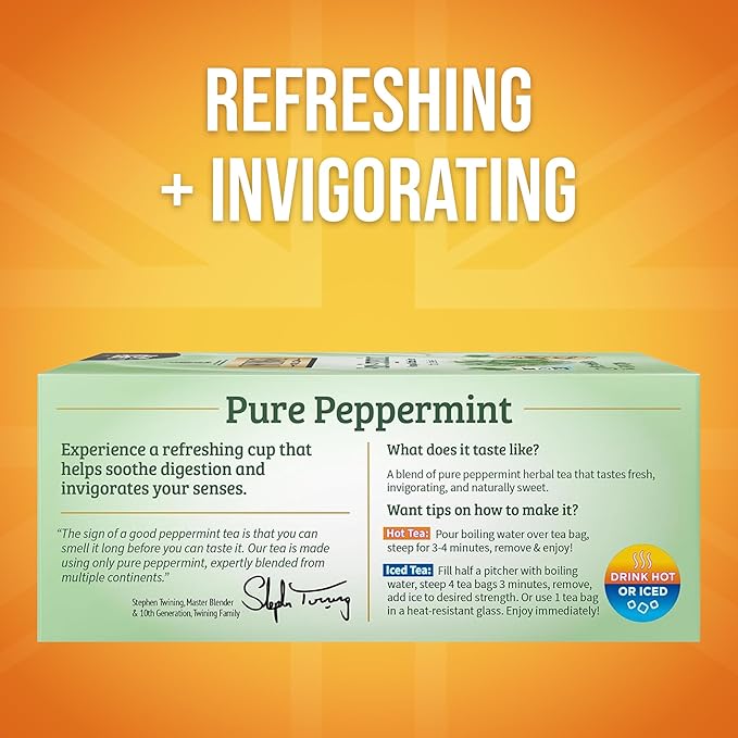 Twinings Pure Peppermint Herbal Tea Individually Wrapped Bags, 100 Count (Pack of 1), Fresh Minty Flavour, Naturally Caffeine-Free, Enjoy Hot or Iced, 100 Teabags - Bloomnest