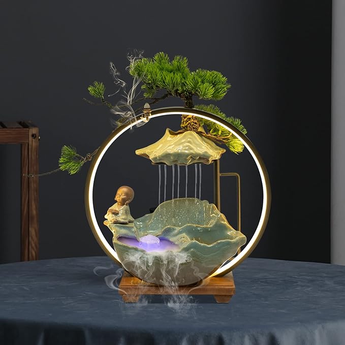 Tabletop Water Fountain, Indoor Waterfall with Round LED Light Ceramic Meditation Monk, Mist Maker and Incense Holder for Home Office Decor - Bloomnest