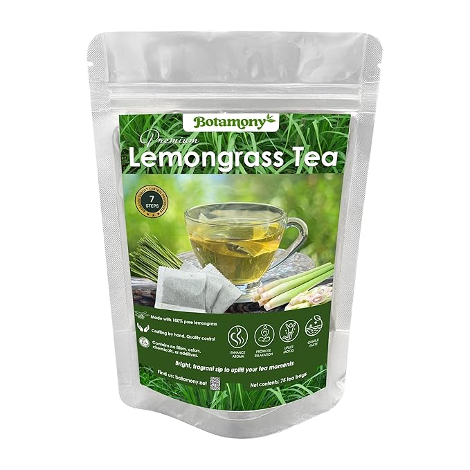 BOTAMONY 75 Premium Lemongrass Tea Bags 1.5g/Bag, 100% Natural Zacate de Limon, Caffeine-Free Herbal Tea for Daily Enjoyment, Refreshing Citrus-Mint Aroma & Smooth Flavor, Non-GMO & Vegan - Bloomnest