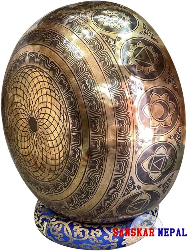 Large Singing Bowl - 19 Inches in Diameter - Buddha's Feet Etched by Artisans from Nepal - For Healing, Sound Bath, Yoga, Relaxation, and Meditation Gold