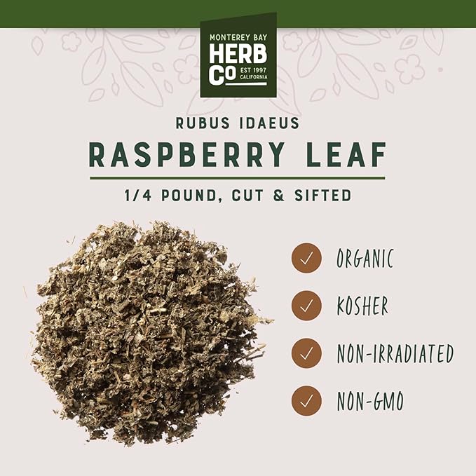 Monterey Bay Herb Co. Certified Organic Raspberry Leaf Cut & Sifted – 1/4 LB Bag | 100% Natural, Kosher Berries (Rubus idaeus) | Perfect for Organic Raspberry Leaf Tea & Herbal Remedies - Bloomnest