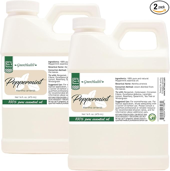 GreenHealth Peppermint Essential Oil – 2 Pack (16 fl oz Each) – 100% Pure & Uncut – White Plastic Jugs – Bulk Essential Oil for Diffusers, DIY, Cleaning Greenals