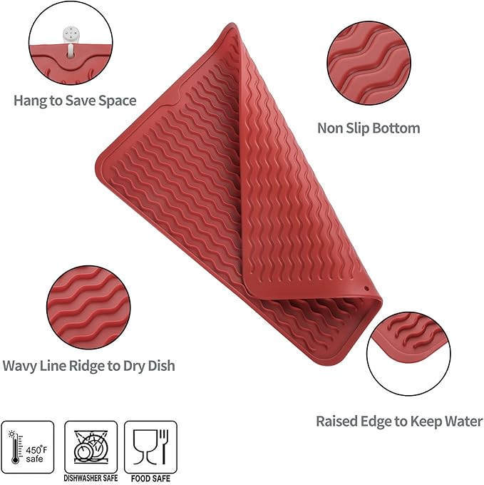Silicone Dish Drying Mat for Multiple Usage,Easy clean,Eco-friendly,Heat-resistant Silicone Mat for Kitchen Counter or Sink,Refrigerator or drawer liner Red L 16 inches x 12 inches - Bloomnest