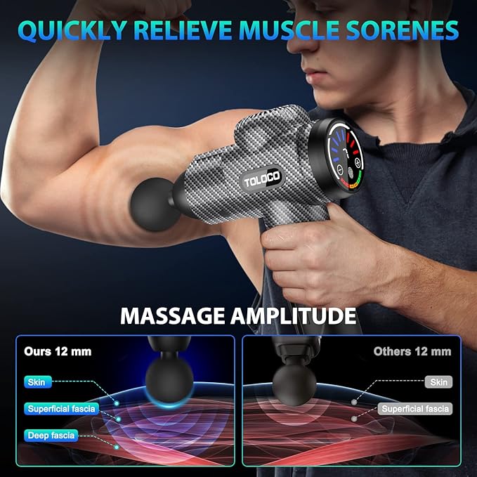 TOLOCO Massage Gun, Deep Tissue Back Massage for Athletes for Pain Relief, Percussion Massager with 10 Massages Heads & Silent Brushless Motor, Carbon - Bloomnest