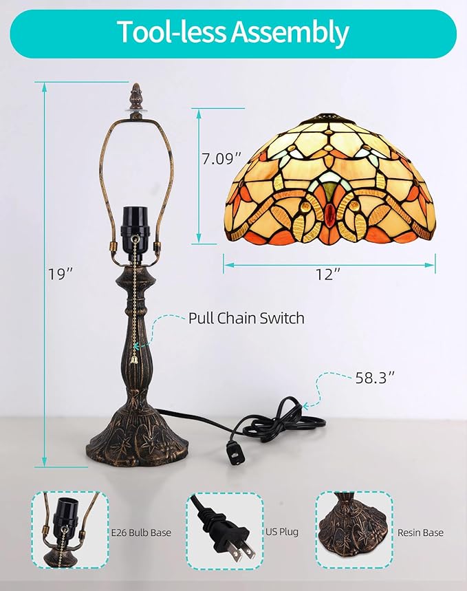 Tiffany Table Lamp, 12-inch Stained Glass Lamp for Living Room, Dining Room, Bedroom, Study Room, Office (Beige Baroque) - Bloomnest