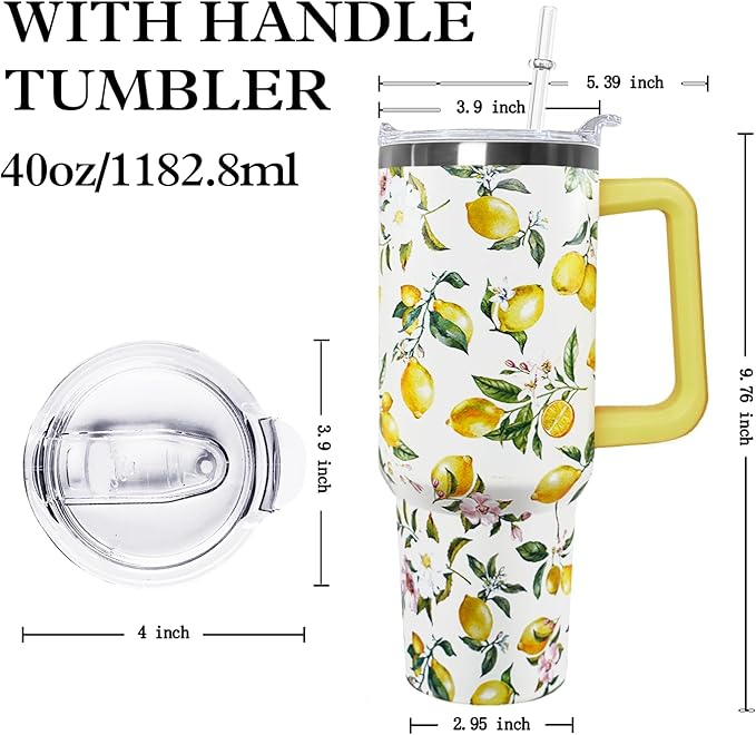 Ceovfoi 40 oz Lemon Print Stainless Steel Tumbler With Lid and Straw - Yellow Coffee Travel Mug Cup Water Bottle - Gifts for Lemon Lovers - Bloomnest