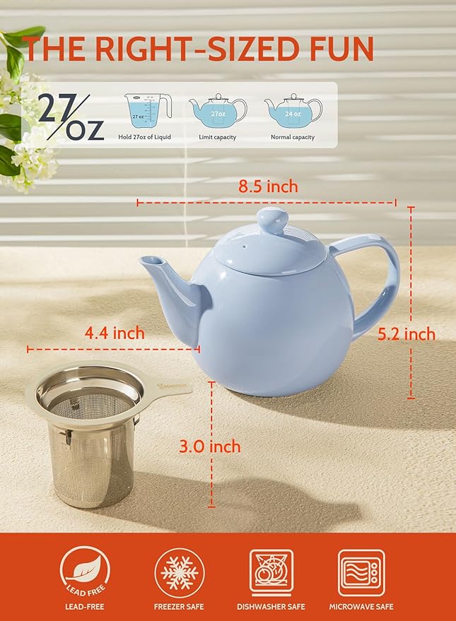 Sweese Teapot, Porcelain Tea Pot with Stainless Steel Infuser, Blooming & Loose Leaf Teapot - 27ounce, Lilac - Bloomnest