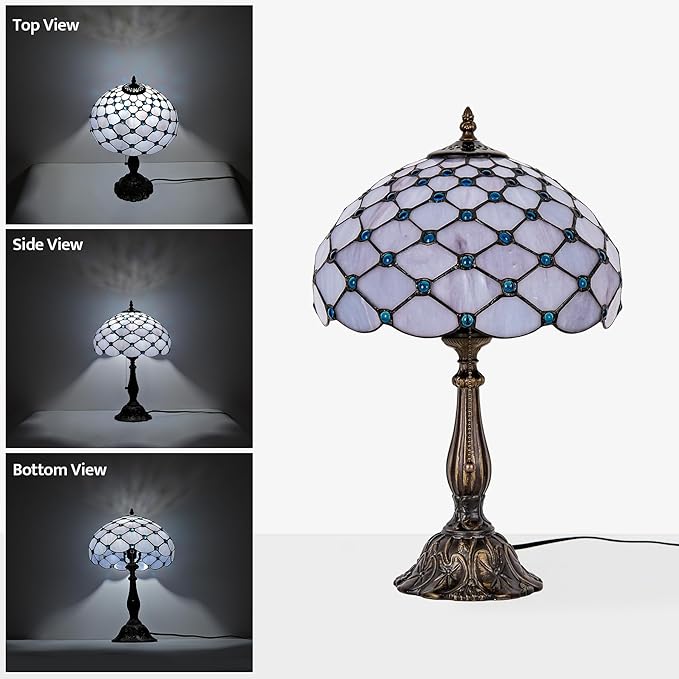 Tiffany Lamp Vintage White Grey Stained Glass Bead Table Lamp Desk Bedside Reading Light Decor Bedroom Living Room Home Office D12*H18 Inches - Bloomnest