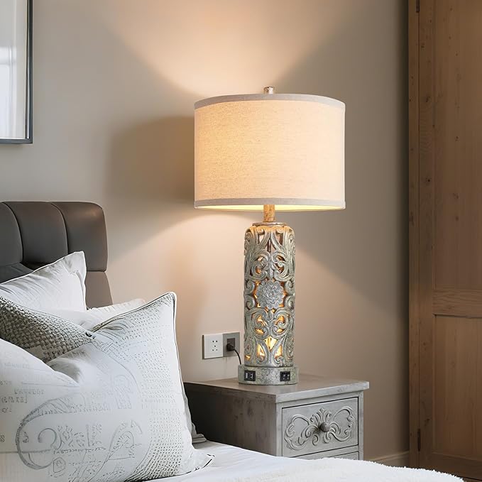 25'' Set of 2 Industrial Table Lamps for Living Room with Dual USB Ports, Vintage Resin Nightstand Lamp for Bedroom with Nightlight, Antique Rustic Desk Lamp for Entryway, 2 Bulbs Included - Bloomnest