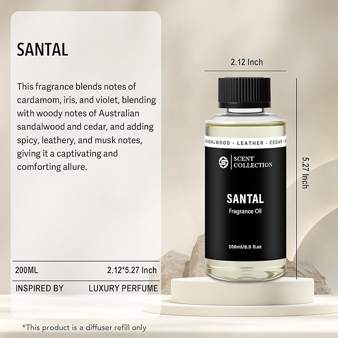 Luxury Hotel Scent Santal Diffuser Oil Waterless Essential Aromatherapy for Cold Air & Car Diffusers – Long Lasting Refill for Large Room & Home - Signature Sandalwood (200ml/6.76Fl oz) - Bloomnest