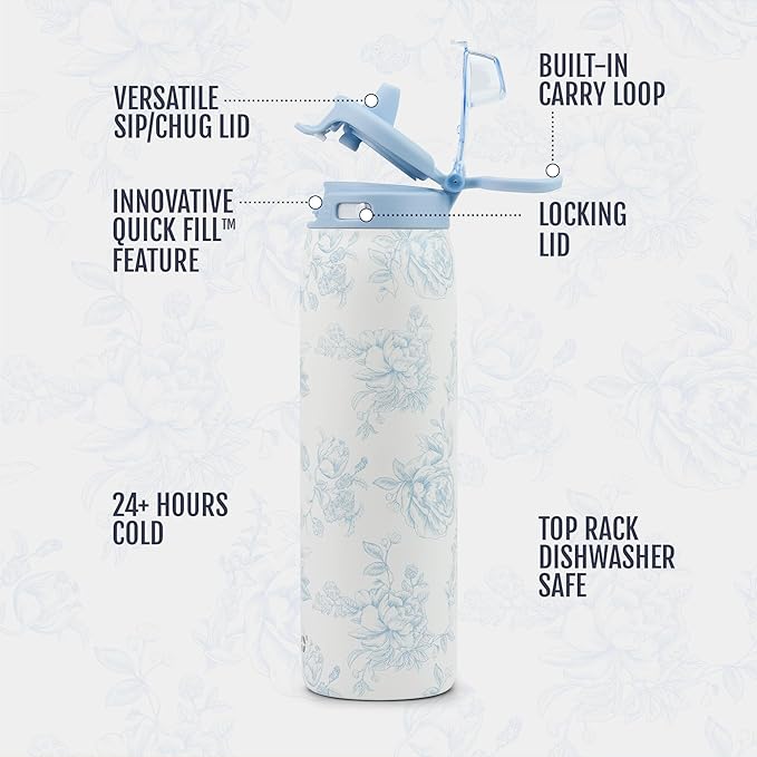 Ello Pop & Fill Insulated Stainless Steel Water Bottle with Quick Fill Lid, Leakproof Locking, Sip or Chug Spout, BPA-Free, Double Wall Vacuum Insulated for Sports, Travel & School- 22oz / 32oz / 40oz Ello