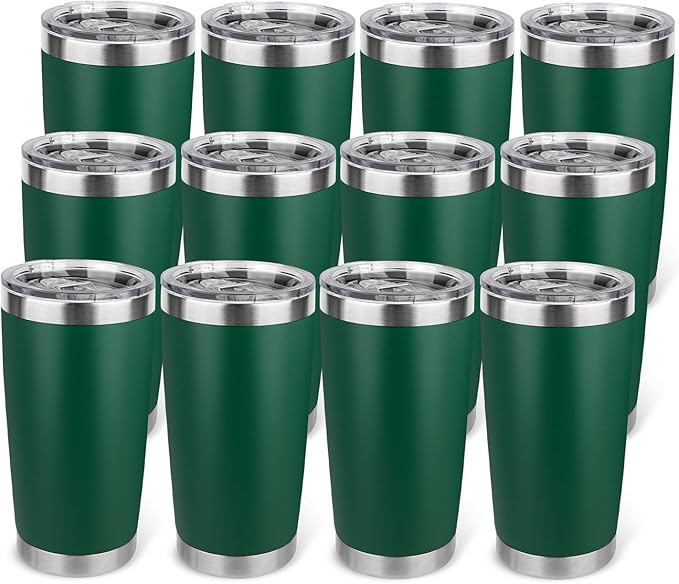 20oz Stainless Steel Tumbler Bulk with Lid, Travel Mug - Double Wall Vacuum Powder Coated Cup - Dark Green, 12 Pack - Bloomnest