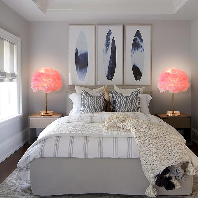 ZYLEIESENBAO Pink Feather Lamp Cute Romantic Goose Feather Table Lamp Furry Nightstand Light with Gold Base Bedside Lamp for Girl Bedroom Wedding Living Room Hotel Decorative - Bloomnest