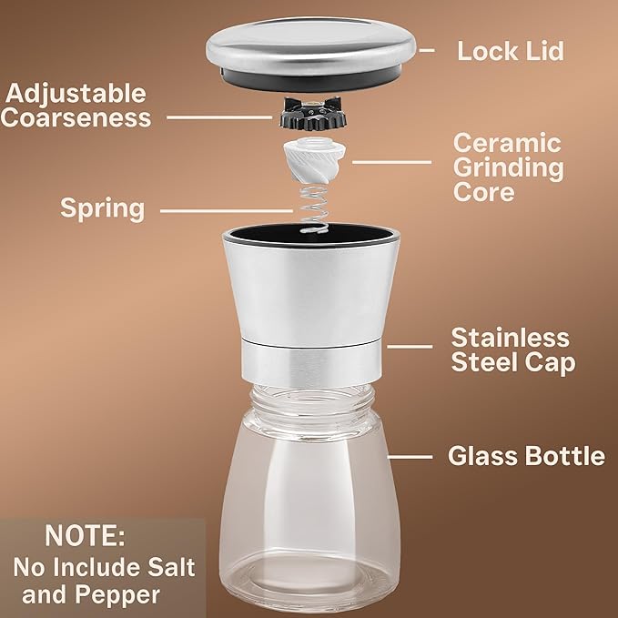 Salt and Pepper Grinder Set - Stainless Steel Refillable Salt & Peppercorn Shakers (2.6"W x 7.5"H - 2 Pack with Holder) - Bloomnest