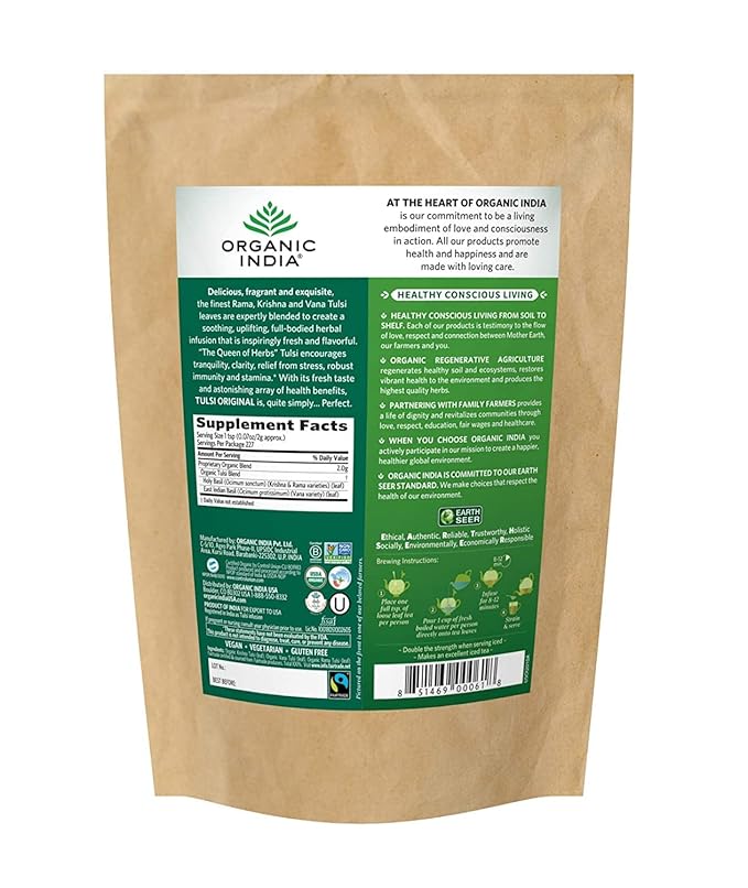 Organic India Tulsi Original Loose Leaf Herbal Tea - Immune Support, Vegan, Gluten-Free, Kosher, USDA Certified Organic, Non-GMO, Caffeine-Free, Healthy Stress-Relief & Uplift Mood - 1 lb Bag - Bloomnest