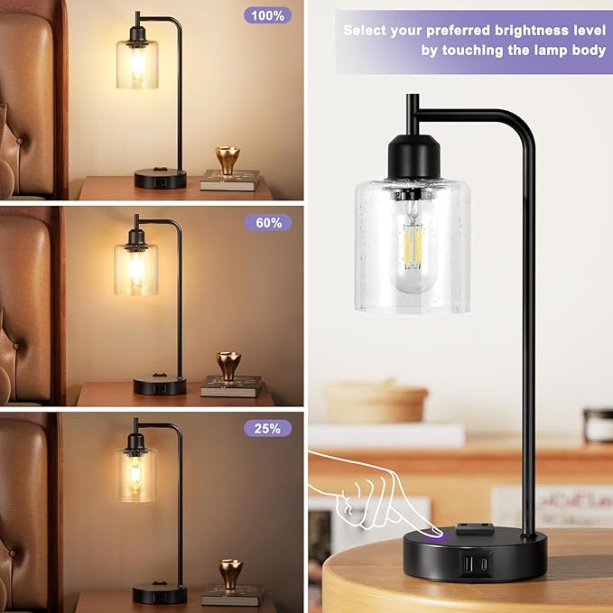 Industrial Touch Table Lamps for Bedrooms Set of 2 - 3-Way Dimmable Lamps with USB C+A Ports and Outlet, Black Bedside Lamps with Seeded Clear Glass Shade for Living Room, Desk Lamps for Home Office - Bloomnest