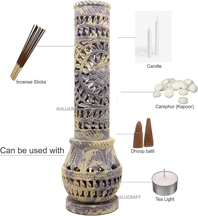 Carry Me Marble Soapstone Incense Stick Holder | Candle Burner | Tea Light Stand - Perfect Handmade Bottle Tower. Decorative Floral Carving for Gifting - Home and Office Decor - (2.5x2.5x10 Inches) - Bloomnest