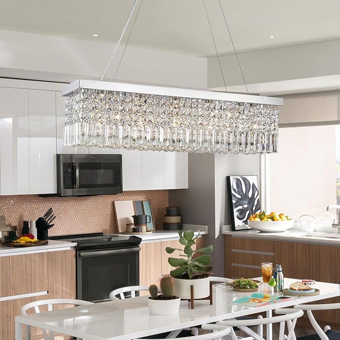 Saint Mossi 5-Lights K9 Crystal Chandelier for Dining Room, Rectangular Pendant Light Fixture for Kitchen Island, Raindrop Flush Mount Ceiling Light Fixture,H9 x W10 x L31, Chain Adjustable - Bloomnest