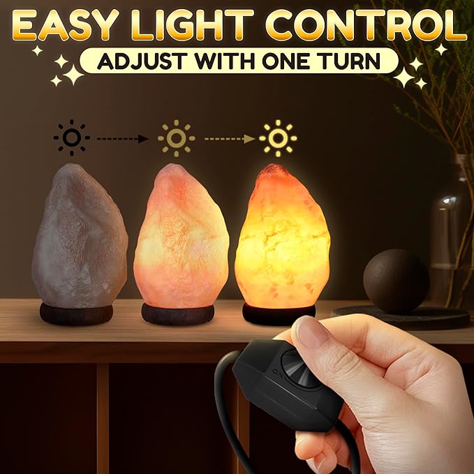 Himalayan Salt Rock Lamp with Dimmer – Hand-Carved Himalayan Salt Lamp 5.5–7 Inch (3-5.5 Lbs) with Wooden Base, Cord & Bulb – Adjustable Warm Amber Glow for Bedroom, Living Room, or Meditation Space