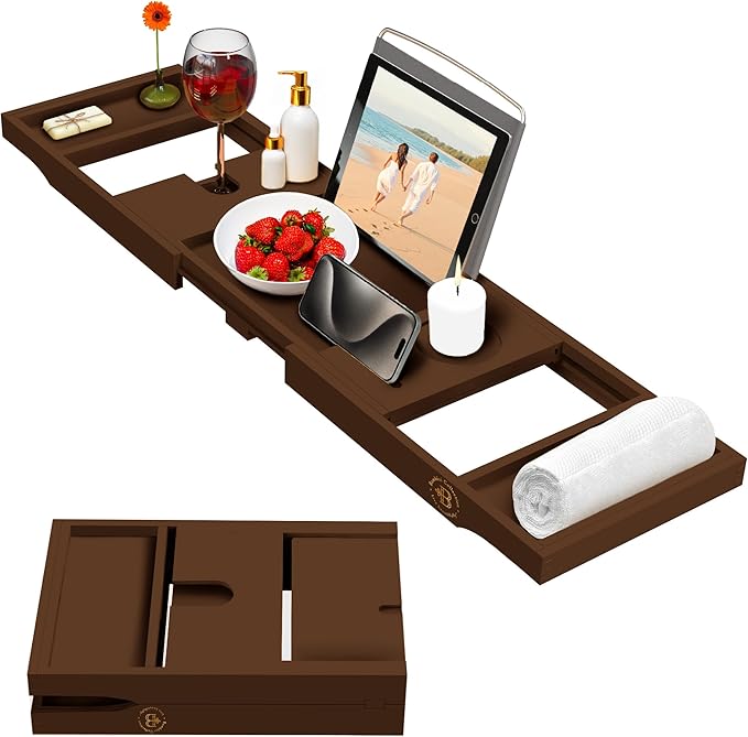Wooden Bathtub Tray - Foldable & Expandable Bamboo Bath Tray for Tub with Wine Holder, Book & Tablet Stand - Bath Caddy Tray for Bathtub, Spa Bath Accessories, Tub Tray Table, (Brown) - Bloomnest