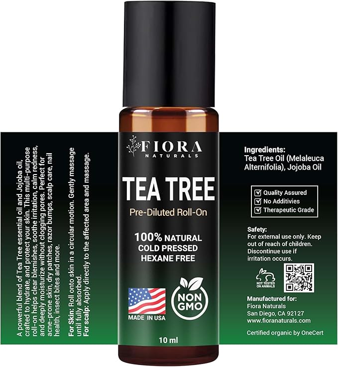 Fiora Naturals Tea Tree Oil Roll On - 100% Natural Tea Tree Essential Oil for Skin, Face, Acne, Nails, Cuticles, Scalp & Aromatherapy Wellness - Bloomnest