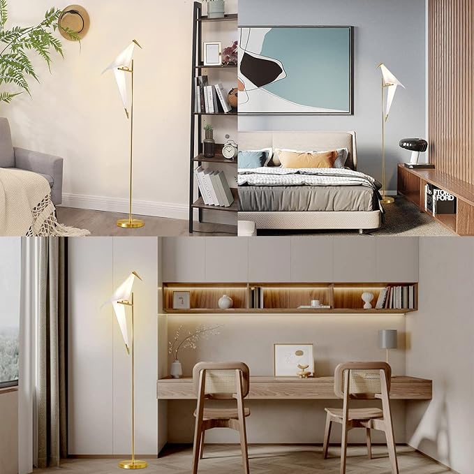 MORE CHANGE 62-Inch Modern Bird Floor Lamp, Origami Bird Lamp Gold Standing Lamp with Birds Shade Swing Paper Crane Floor Light Fixtures for Living Room Bedroom Office - Bloomnest