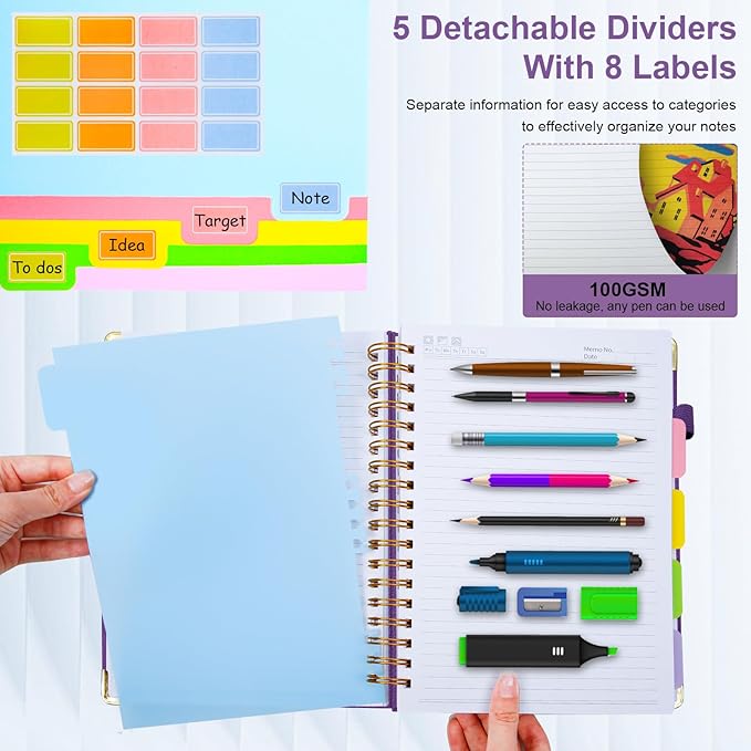 Hardcover Spiral Notebook 8"x10" Journal Notebook with Tabs and Removable Dividers 300 Pages 5 Subject Notebook College Ruled, Faux Leather Spiral Bound Notebook for Women School Work (Purple) - Bloomnest