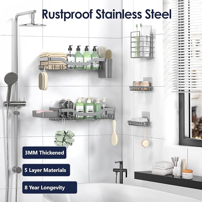 Shower Caddy Adhesive Shower Organizer 7-Pack, Rustproof Stainless Steel Bathroom Shelves, Large Capacity No-Drill Rack Storage Accessories with Soap Dish Toothbrush Holder Hooks - Bloomnest
