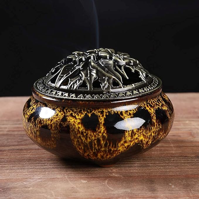 Incense Burner with Calabash Incense Stick Holder - Porcelain Charcoal Censer for Use with Resin Granular Powder Cone or Coil Incense (Fambe Yellow) - Bloomnest