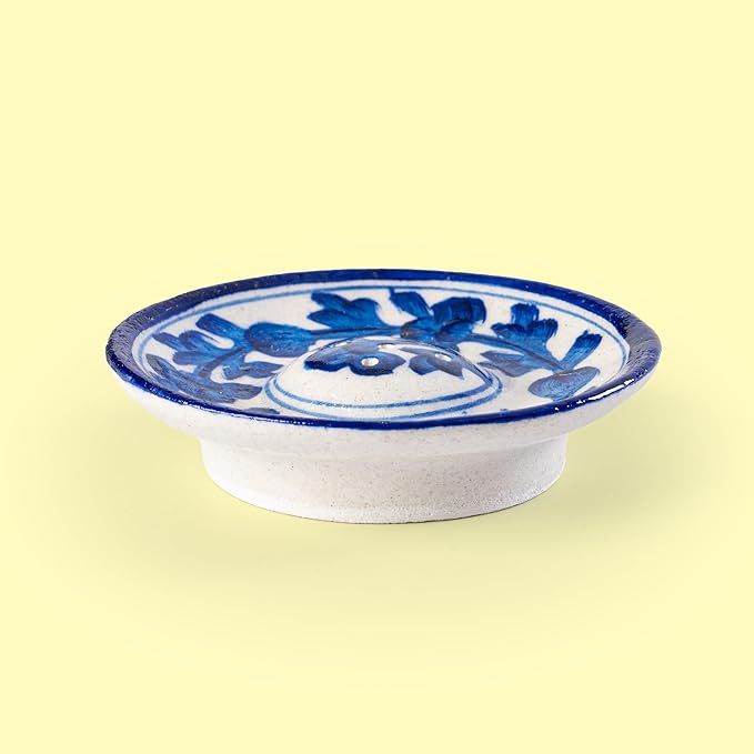Blue Pottery Agarbatti Stand Ceramic Plate with Holes Handicrafted Designer Incense Holder Decorative Accessory for Home Office and Gifting (White and Blue Design-2) - Bloomnest